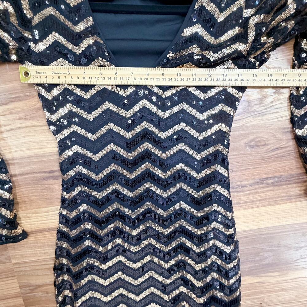 Sexy Black Gold Sequin Long Sleeve Dress 2 Party Holiday NYE Cocktail Coquette - Picture 7 of 8